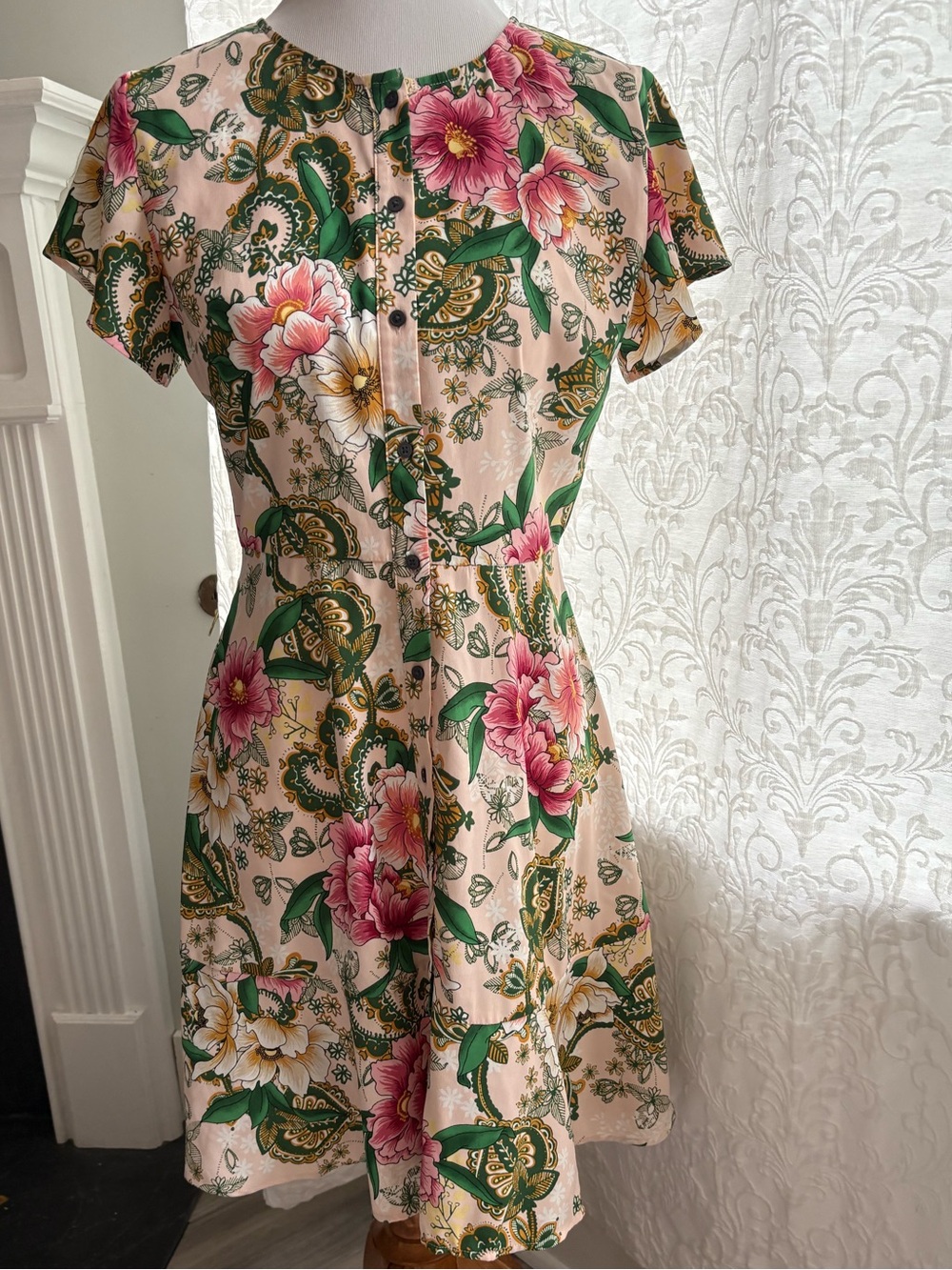 LOFT Pink Floral Midi Dress with Green Leaves